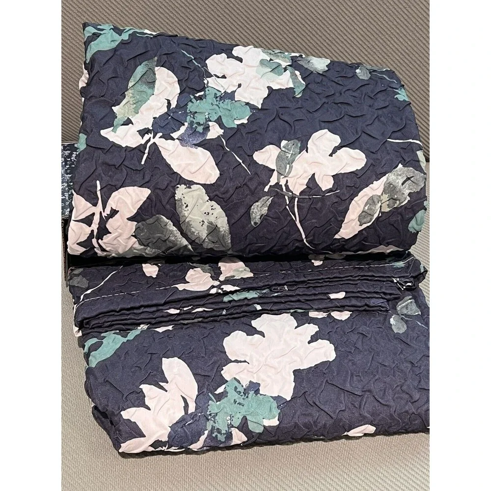 DKNY Jasper Floral Microsculpt Fabric Shower Curtain Navy Green Textured 72” New